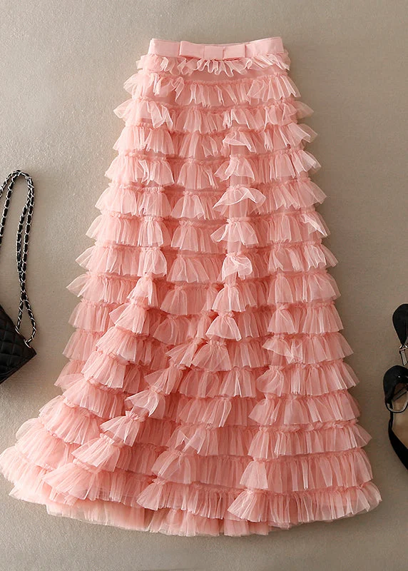 Casual Pink Ruffled Patchwork Tulle Skirt Spring breathable skirt fabric