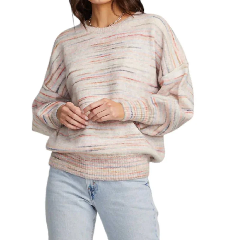 Cheri Stripe Crewneck Sweater In Beige Solid Print Embellished