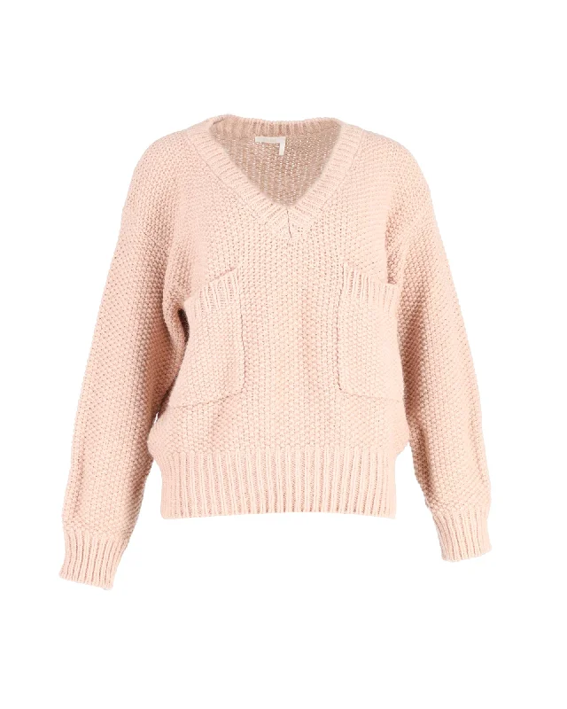 Chloé Oversized Chunky V-Neck Sweater in Peach Wool Satin Fabric Silk Fabric Chiffon Fabric