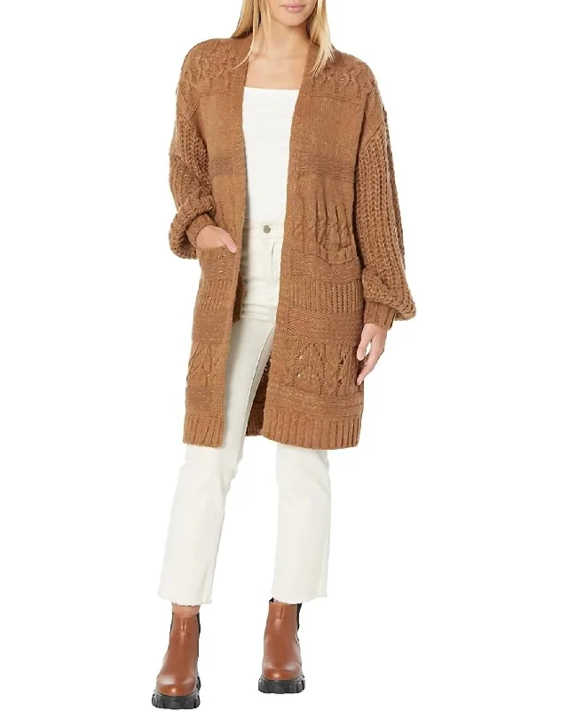 Constance Sweater Open Cardigan In Copper Herringbone Houndstooth Plaid