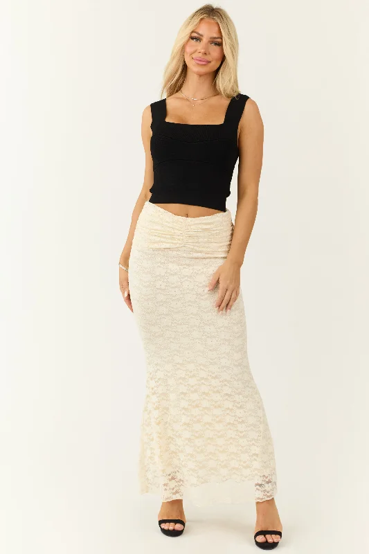 Cream Studded Floral Lace Ruched Maxi Skirt wool skirt sturdy