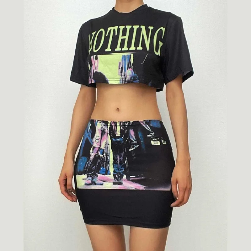 Crewneck short sleeve abstract contrast mini skirt set chiffon skirt airy