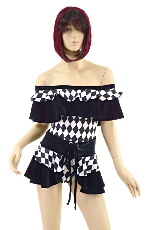 Double Ruffle Romper & Mini Skirt Set button skirt front