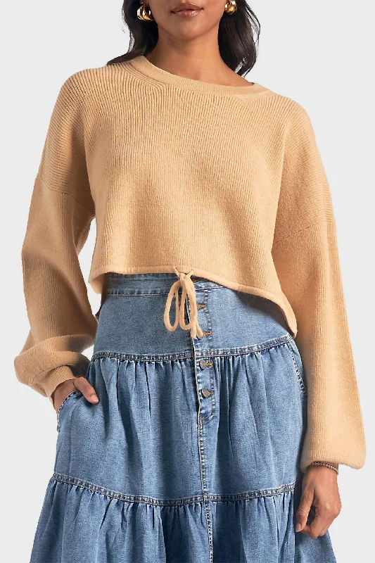 Drawstring Pullover Sweater In Beige Mesh Sweater Canvas Denim