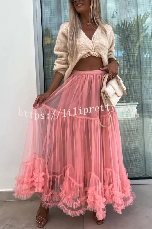 Elegant Tulle Stretch Waist Paneled Pleated Maxi Skirt modal blend skirt