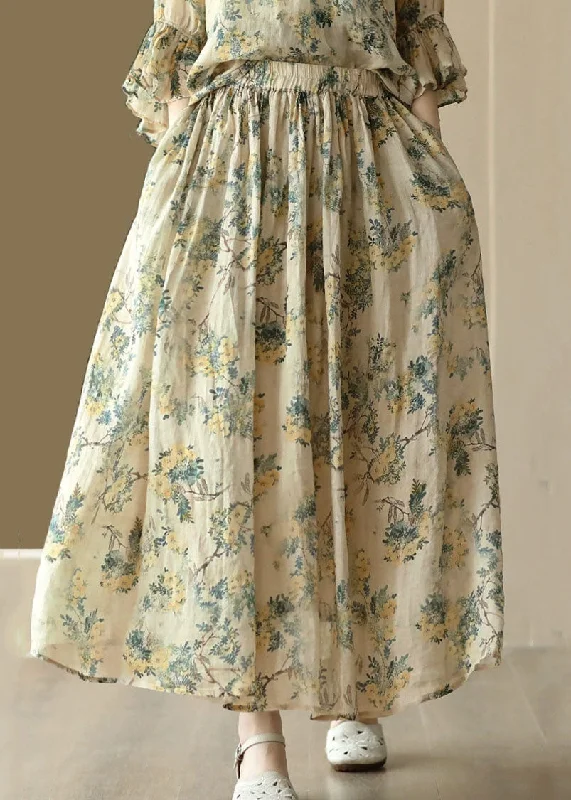 Elegant Yellow Wrinkled Pockets Print Patchwork Linen Skirt Summer silk skirt smooth Elegant Yellow Wrinkled Pockets Print Patchwork Linen Skirt Summer silk skirt smooth