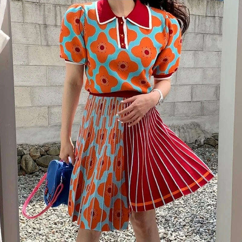 [EWQ] women Summer Retro Lapel Loose Puff Sleeve Sweater + High Waist Pleated Skirt Contrast Color Suit Fashion Casual16F08400 denim skirt trendy