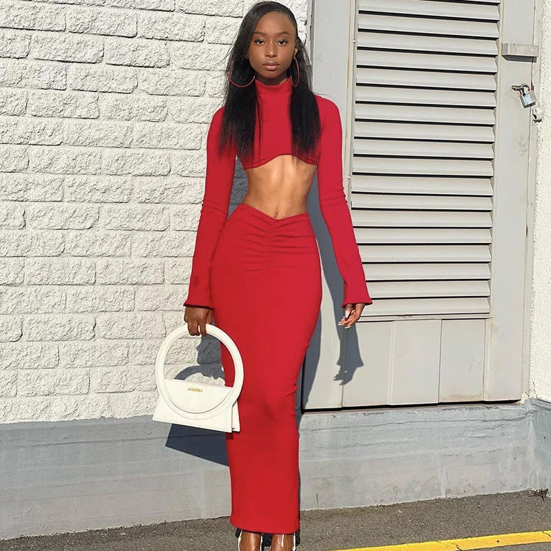 Fall Women's Long Sleeve Crop Top Low Waist Pleated Skirt Set pencil skirt chic