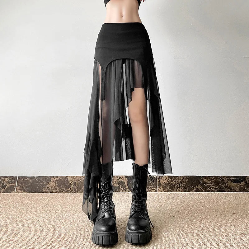 Goth Cyber Y2K Irregular Hem Mid Harajuku Fashion Streetwear Mesh Patchwork Club Alt Skirt pencil skirt chic