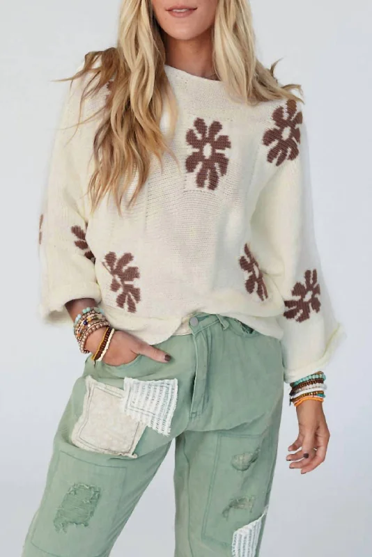 Floral Pattern Knit Sweater In Ivory / Taupe Mesh Sweater Canvas Denim