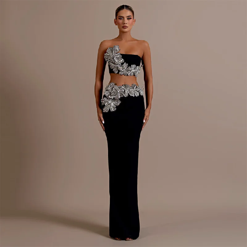 Sexy Floral Rhinestone Embedded Tube Top, Long Skirt Two Piece Set relaxed fit skirt