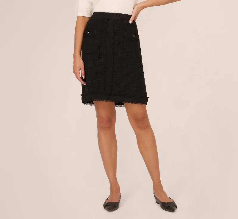 Fray Trimmed Pencil Skirt With Pockets In Black silk skirt elegant