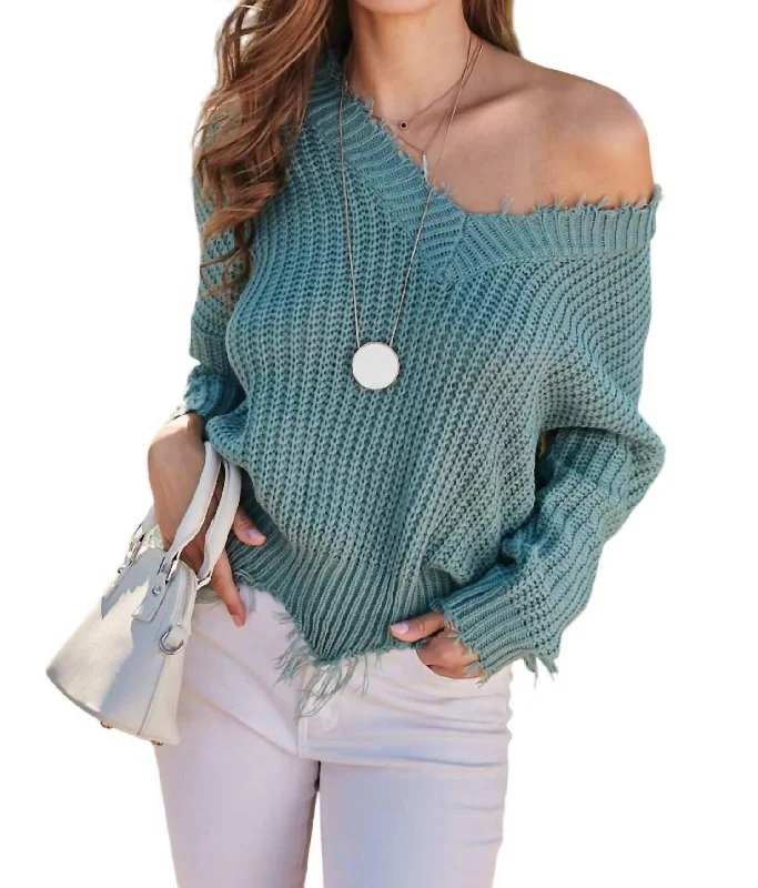 Frayed V-Neck Sweater In Mineral Blue Slim Fit Regular Fit Oversized