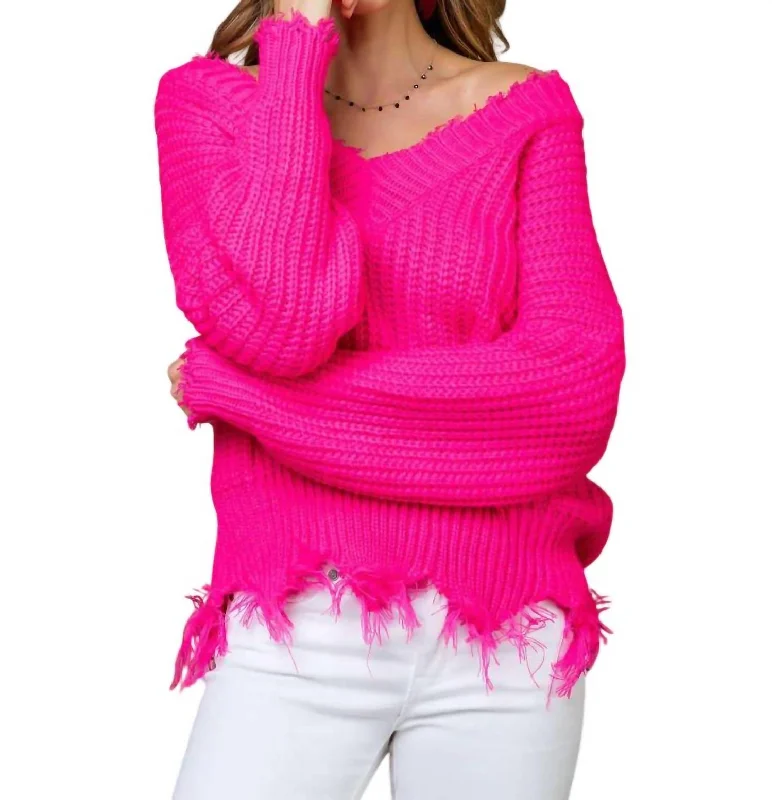 Frayed V-Neck Sweater In Neon Pink Bright Pastel Dark