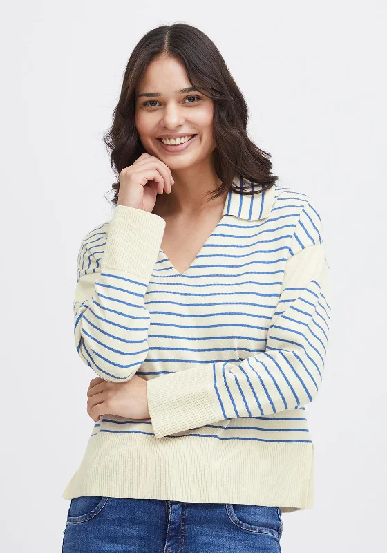 Fransa Carmen V-Neck Striped Sweater, Beaucoup Blue Graphic Sweater Embroidered Appliqued