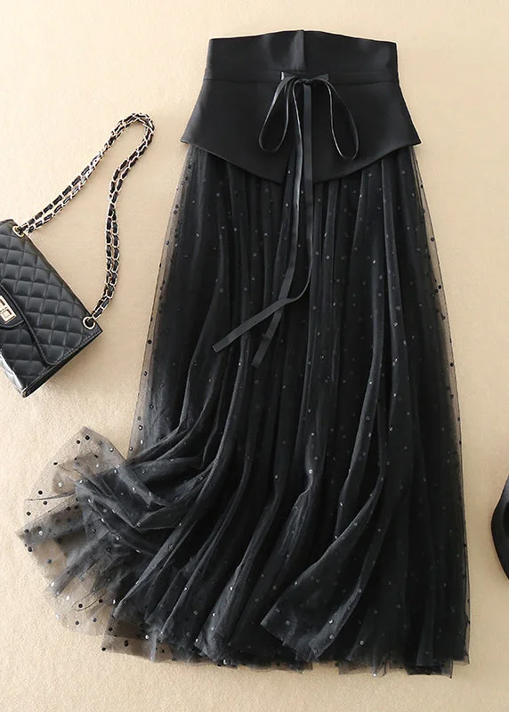 French Black Cinched Dot Tulle Skirts Spring midi skirt versatile