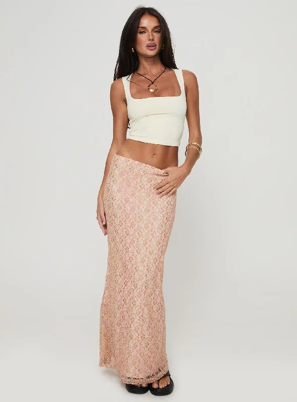 Gallego Lace Maxi Skirt Pink lace skirt intricate