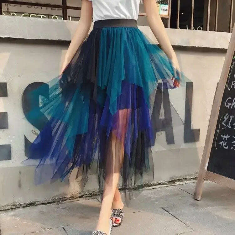 Gradient Color Irregular Tulle Skirt Spring and Summer High Waist Bubble Skirt Long Woman Skirts Mujer Faldas Saias Mulher linen skirt natural