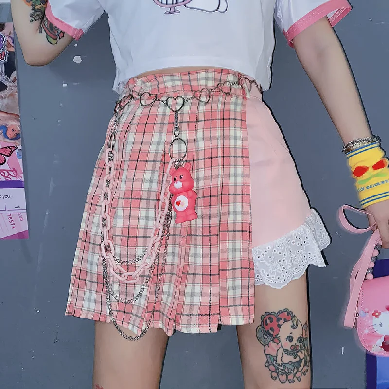 HARAJUKU SWEET SOFT PASTEL PINK PLAID STITCHING SKIRT BY00723 wool skirt sturdy