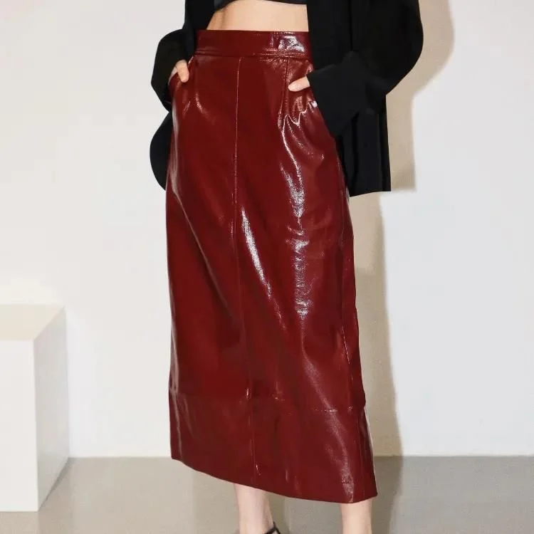 High Waist Reflective PU Leather Midi Pencil Skirt leather skirt durable
