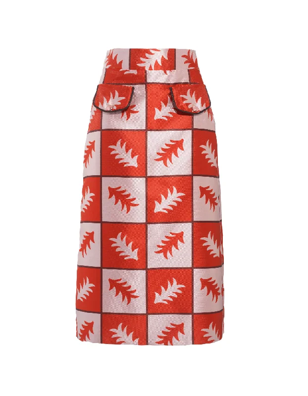 Iona Red White Fern Print Silk Jacquard Skirt leather skirt bold