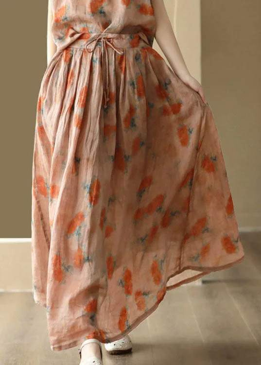 Italian Orange Wrinkled Print Patchwork Linen Skirt Summer linen skirt light