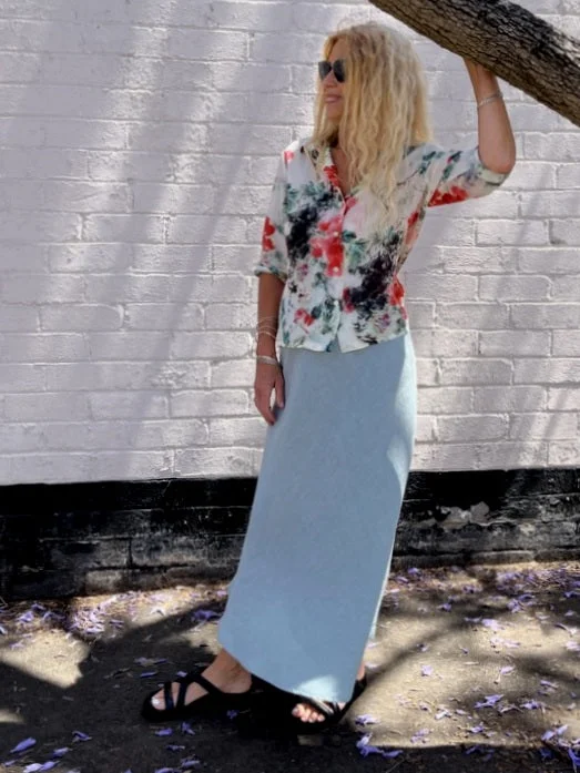 Jiva Midi Linen Prudence Skirt- Eggshell patchwork skirt art