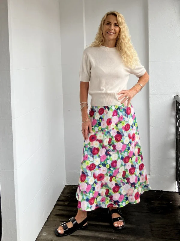 Jiva Midi Linen Prudence Skirt- Wallpaper Roses spandex blend skirt