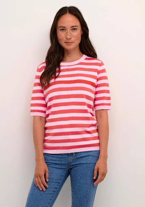 KAFFE Kalizza Stripe Short Sleeve Knit Sweater, Pink Mist Handmade Hand-knitted Hand-woven