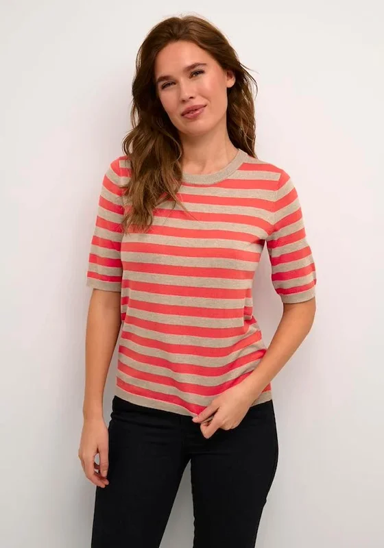 KAFFE Kalizza Stripe Short Sleeve Knit Sweater, Cayenne & Beige Casual Formal Business