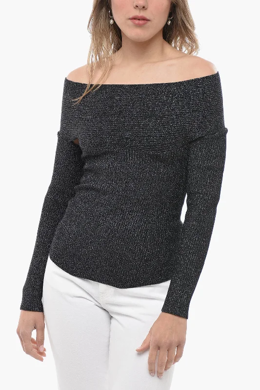 Khaite Boat Neckline Lurex Ribbed Sweater Zippered Buttoned Snapped