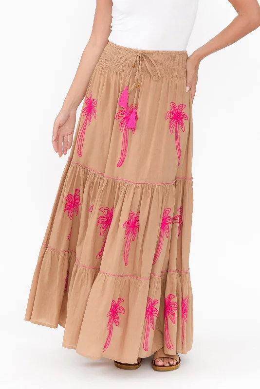 Kostas Brown Embroidered Cotton Skirt silk skirt sleek