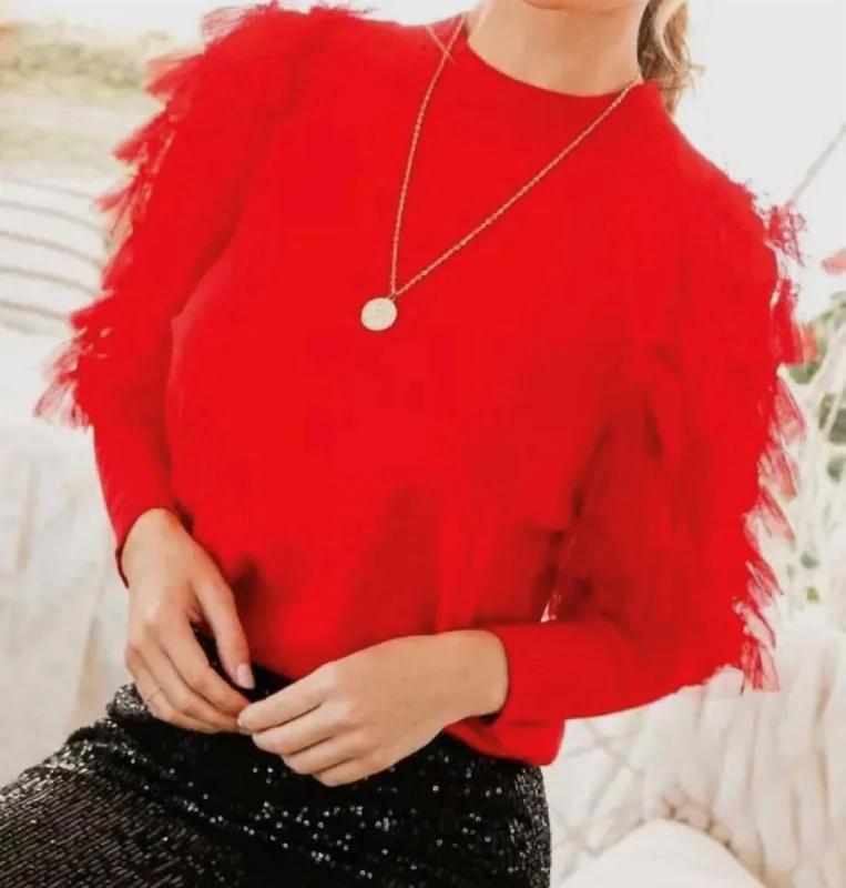 Lace Detail Sweater In Red Herringbone Houndstooth Plaid