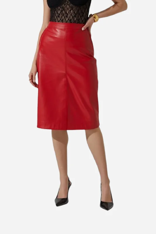 ASTR Ladonne Faux Leather Midi Skirt in Red boho skirt vibe