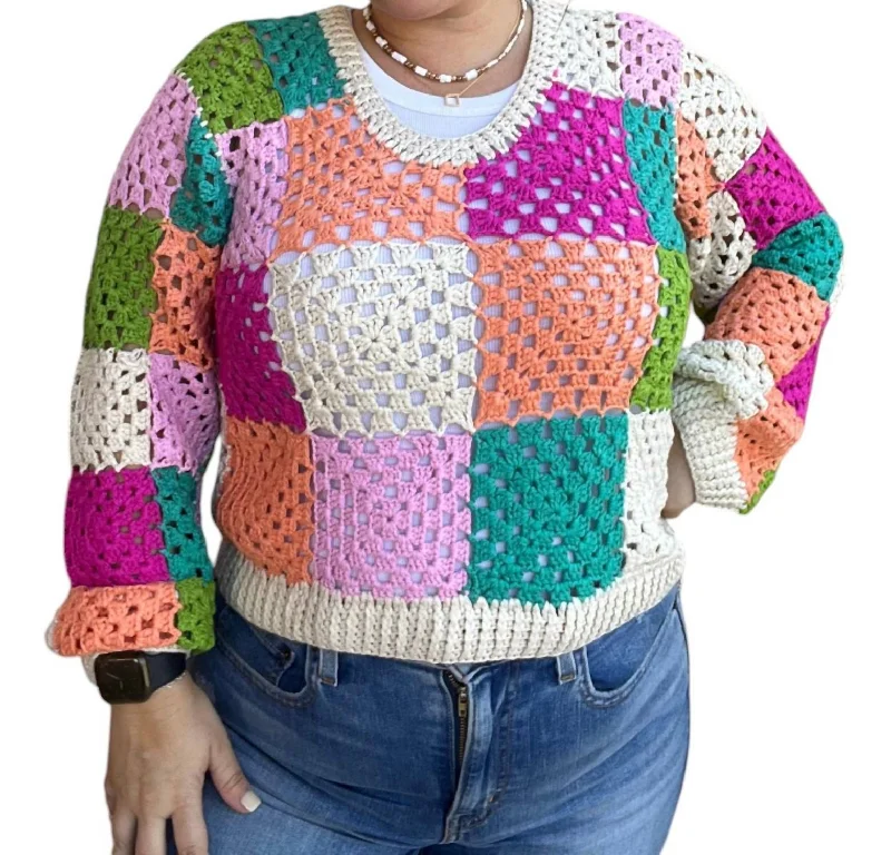Long Sleeve Crochet Sweater In Multicolor Velvet Chenille Corduroy
