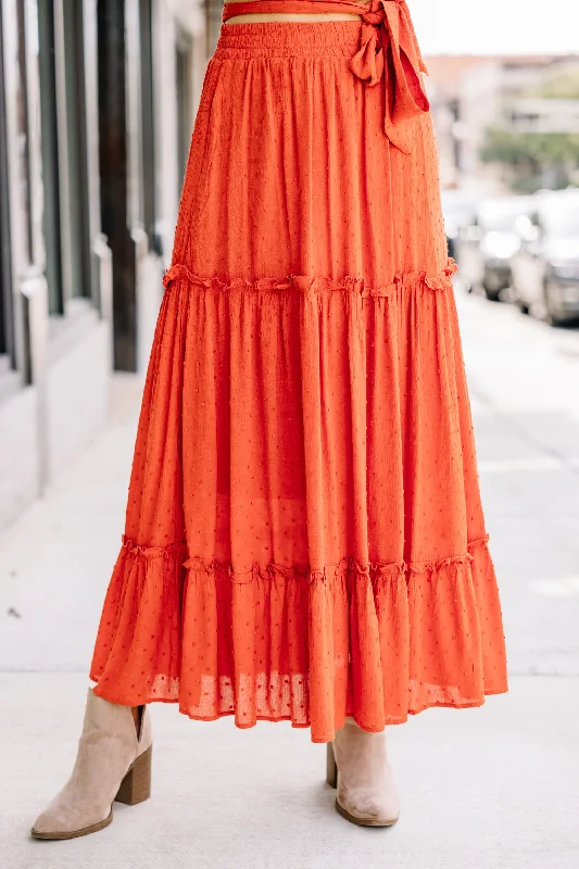 Love Collides Rust Orange Swiss Dot Maxi Skirt high slit skirt