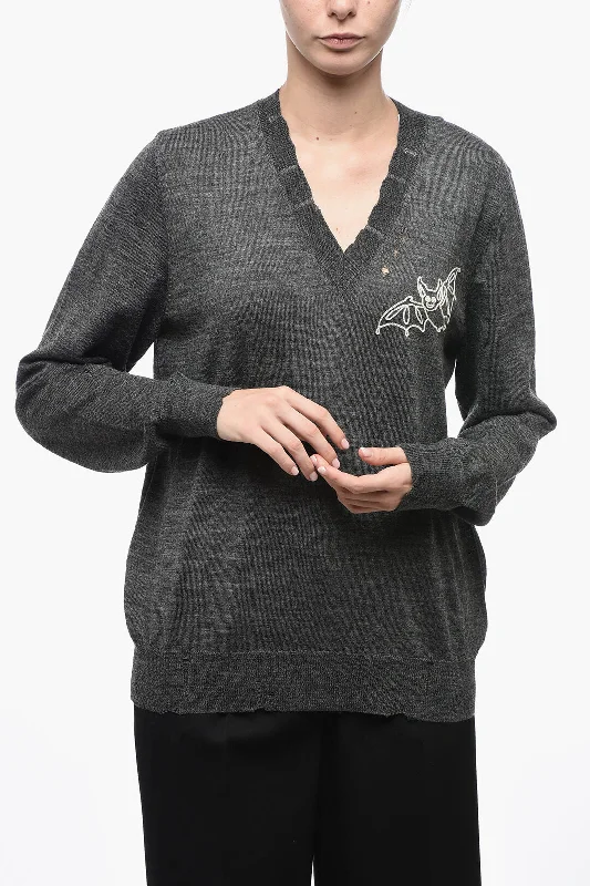 Maison Margiela MM1 Embroidered V-Neck Wool Sweater Polka Dot Checkered Tartan
