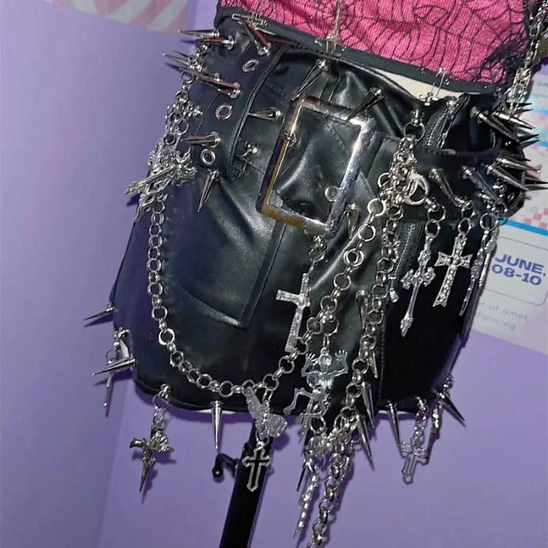 Metal chain PU leather rivet applique zip-up mini skirt velvet skirt plush
