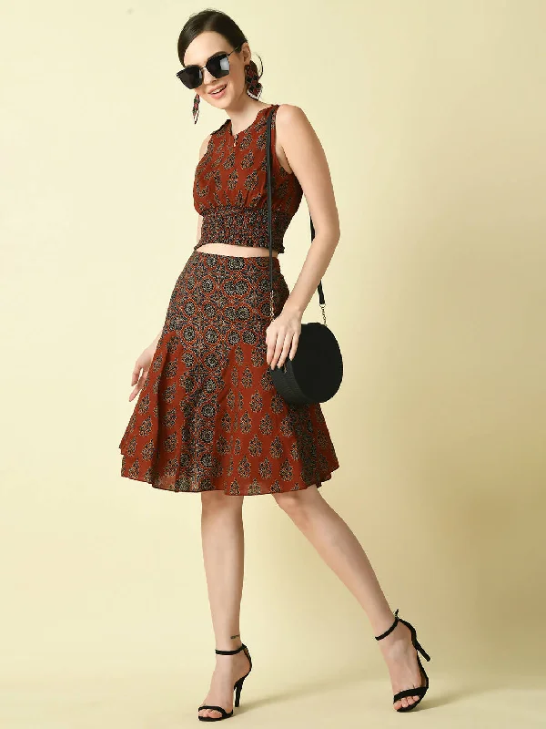 Myshka Women's Rust Pure Cotton Printed Flared Skirt spandex blend skirt