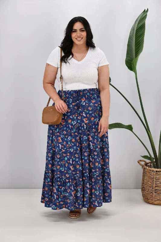 New U Collection Ditsy Floral Blue Maxi Skirt modal blend skirt