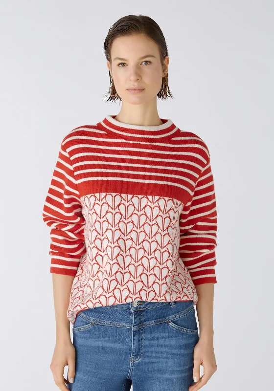 Oui Pattern Mix Knit Sweater, Off White & Red Velvet Chenille Corduroy
