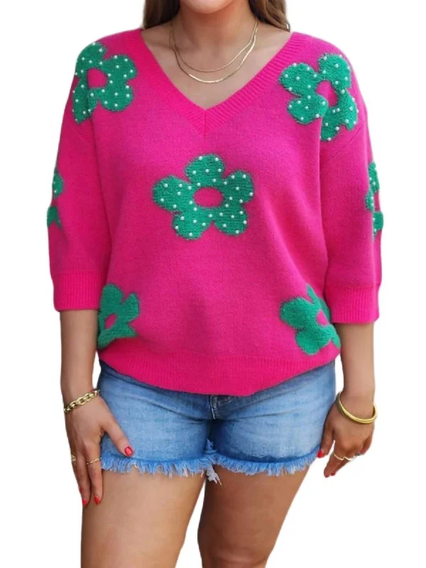 Pearl Beads Flowers Sweater Top - Plus In Fuchsia/jade Satin Blend Silk Blend Wool Blend