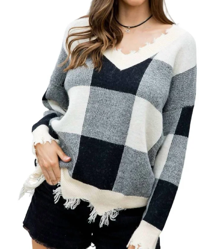 Plaid Frayed Sweater In Multi Satin Blend Silk Blend Wool Blend