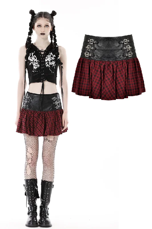 Punk PU red plaid mini skirt KW290 vintage skirt charm