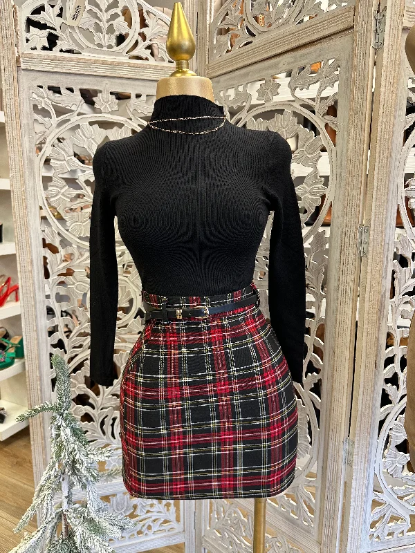 Red plaid Mini Skirt with Belt denim skirt classic