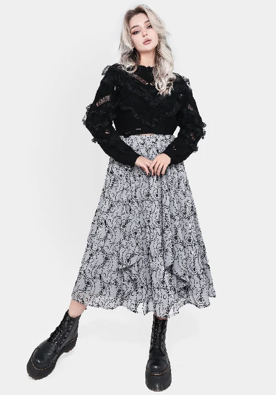 Rosethorn Flocked Velour Chiffon Ruffle Midi Skirt - Blue ruffled skirt detail