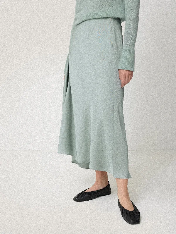 Satin Bias Asymmetric Skirt | Blue zip skirt side