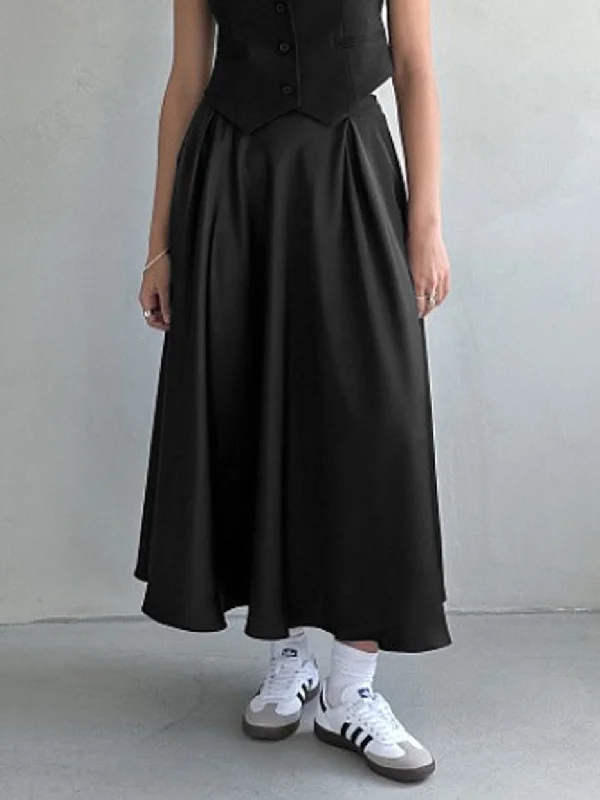 BerryBetty - Satin Elastic Waistband Zippered Flowy Maxi Skirt wool skirt thick