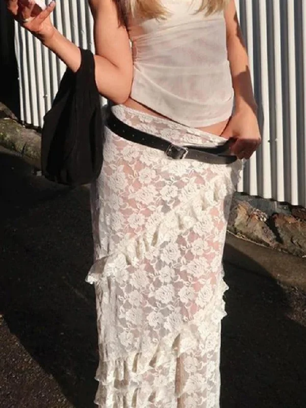 See Through Lace Midi Skirt velvet skirt glossy