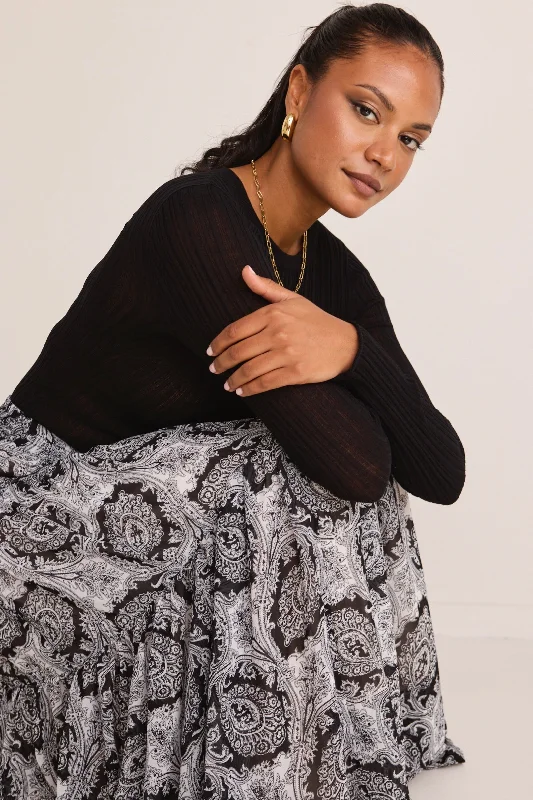 Sensational Black Paisley Tiered Drawstring Maxi Skirt cashmere skirt fine